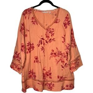 Soft Surroundings Garden Gauze Tunic Women's 1X Orange V-neck 3/4 sleeve Boho